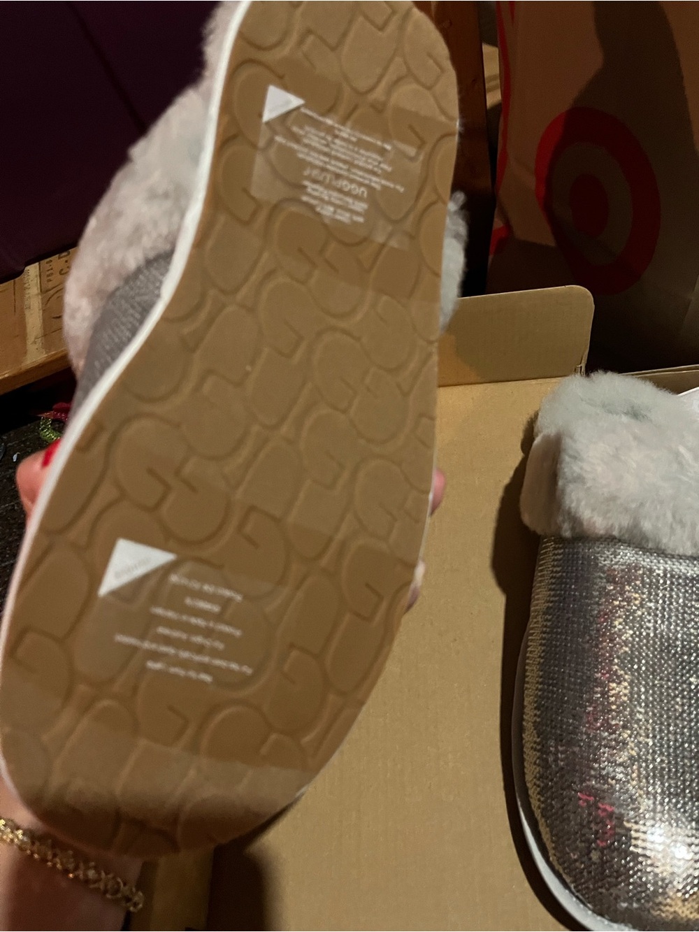 UGG Silver Sequin Faux-Fur Slip-On Slippers 8 - Picture 4 of 5